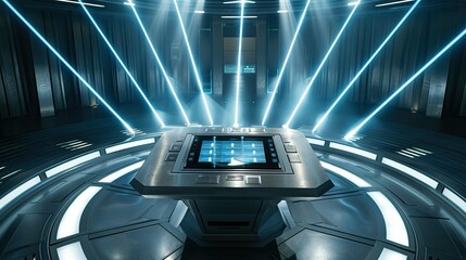 Central control panel surrounded by beams of light