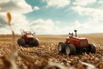 Aufkleber - Robotic machines operate efficiently, planting or harvesting crops across a vast field with a clear sky above. Generative AI