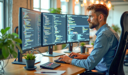 a programmer sits in front of three monitors and writes program code
