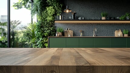 Wall Mural - Wooden Tabletop with Blurred Modern Green Kitchen Background