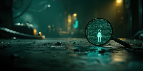 Digital Identity, Person Icon Magnified in Code, Dark Tech Background