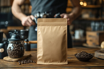 Brown paper packaging standing on wooden table with coffee beans and barista preparing coffee in background