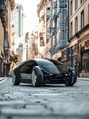 Leinwandbilder - The self-driving vehicle maneuvers along a city street, highlighting its innovative onboard AI systems and modern design. Generative AI