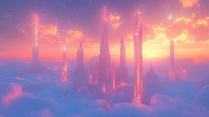 Wall Mural - majestic fantasy city with towering crystal structures glowing at sunset above a sea of clouds in a 