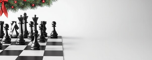 Wall Mural - Christmas chess Christmas-themed chessboard with black pieces and festive decoration.