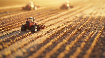 Aufkleber - Robotic machines efficiently sowing seeds in neat rows across vast farmland at sunset, showcasing agricultural innovation. Generative AI