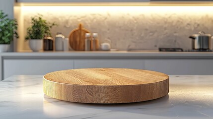 Wall Mural - Round Wooden Display Platform on Marble Kitchen Counter