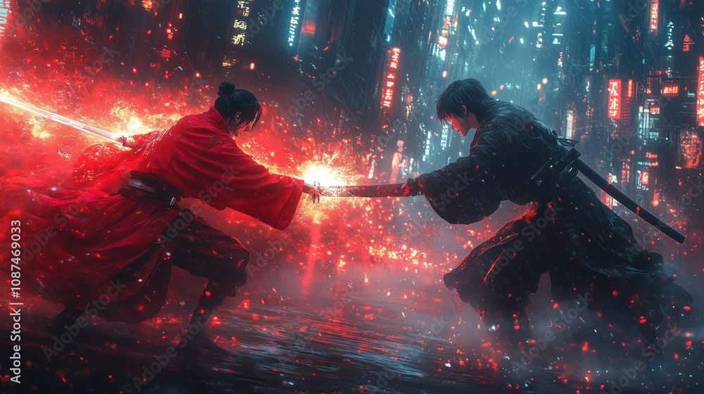 Epic anime battle scene between two powerful warriors, with a fiery ...