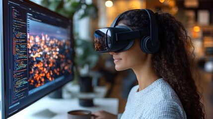 A female developer immersed in virtual reality programming in a modern workspace