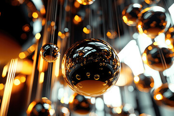 Wall Mural - hanging metallic spheres reflecting light in artistic setup