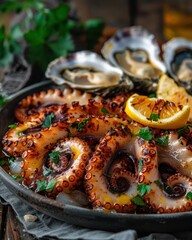 Canvas Print - A beautifully presented dish featuring grilled octopus, fresh oysters, and lemon, garnished with herbs, creating a vibrant seafood platter.