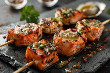 Sticker - Grilled salmon skewers garnished with herbs, served on a dark slate plate, deliciously plated with sauces on the side.