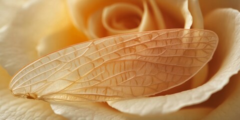 Wall Mural - Insect wing featured prominently, showcasing delicate textures while a rose complements the scene beautifully in the background, highlighting the intricate details of the insect wing and rose.