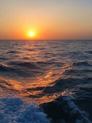 Poster - The sun sets beautifully over the calm ocean, casting warm hues on the water as waves gently roll towards the shore. Generative AI