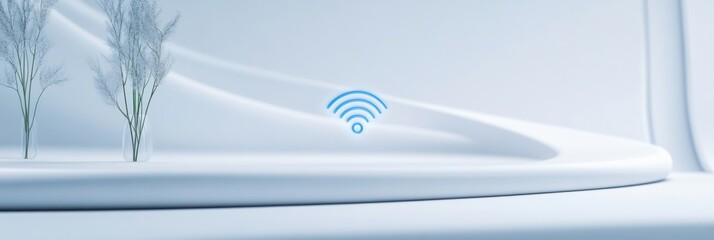 Aufkleber - A blue Wi-Fi icon appears in a tranquil white environment, blending with gentle curves and sparse trees, symbolizing connectivity and calm. Generative AI