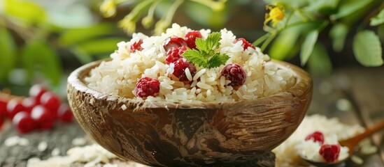 Wall Mural - Basmati Rice And Rice Berry In Wood Bowl