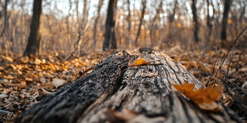 Wall Mural - Selective focus on aged, deteriorating wood reveals a textured background with dry leaves, needles, and dust, highlighting the beauty of weathered wood in a forest setting.