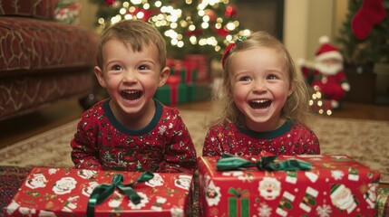 Wall Mural - Young kids opening Christmas presents with big smiles and excitement on Christmas morning.