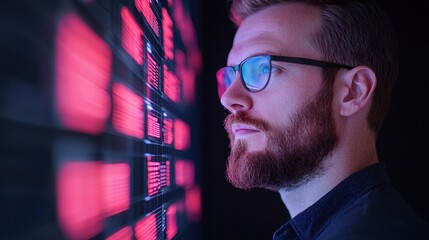 Focused Male Professional Analyzing Data on Digital Screen with Red and Black Background in Modern Office Environment
