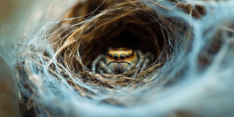 A spider s nest concealed and fortified by an intricate spider s web, showcasing the spider shelter. This high quality photo captures the beauty and detail of the spider s web and nest.