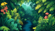 © Thiago - A lush jungle with a river running through it. Lush Jungle Canopy. Illustration