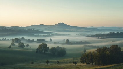 Poster - As dawn breaks, mist blankets the rolling hills and scattered trees, creating a peaceful and idyllic natural panorama. Generative AI