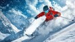 © sablengjago - A skier in red gear speeds down a snowy mountain slope, creating a cloud of powder as he carves through the fresh powder.