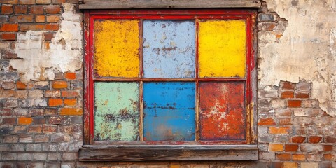 Canvas Print - Vibrant and colorful window design set against a rustic brick wall, showcasing a unique blend of color and texture that enhances the visual appeal of the colorful window artwork.