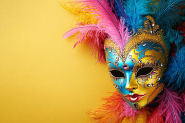 Wall Mural - Festive carnival masks with feathers and gems, space for text.