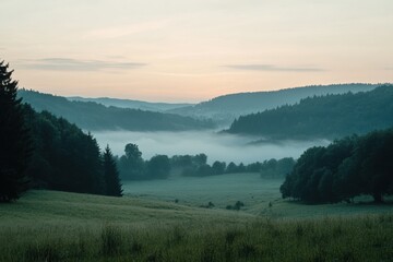 Aufkleber - At dawn, a tranquil valley is covered in mist, revealing rolling hills and lush greenery in a peaceful countryside setting. Generative AI