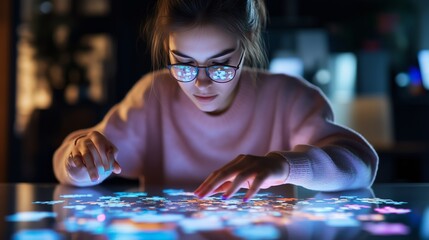 A woman in glasses interacts with a digital table, using her finger to navigate the bright, colorful display