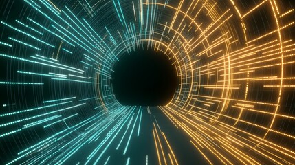 Orange and cyan data streams flowing in seamless arcs, enhancing a dark space with high-speed digital processing and blurred coding lines, Photorealistic