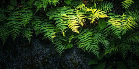 Canvas Print - Closeup of vibrant green fern leaves softly illuminated by sunlight on a wall, showcasing the intricate details of green fern leaves in a natural setting.