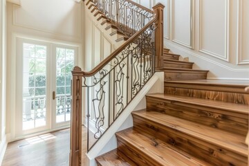 Wall Mural - Staircase Wall. Wooden Steps with Wrought Iron Spindles in Room