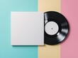 © WE.ARE.AI - Top view of blank vinyl record and white album cover placed on a vibrant pastel-colored background, playful and modern