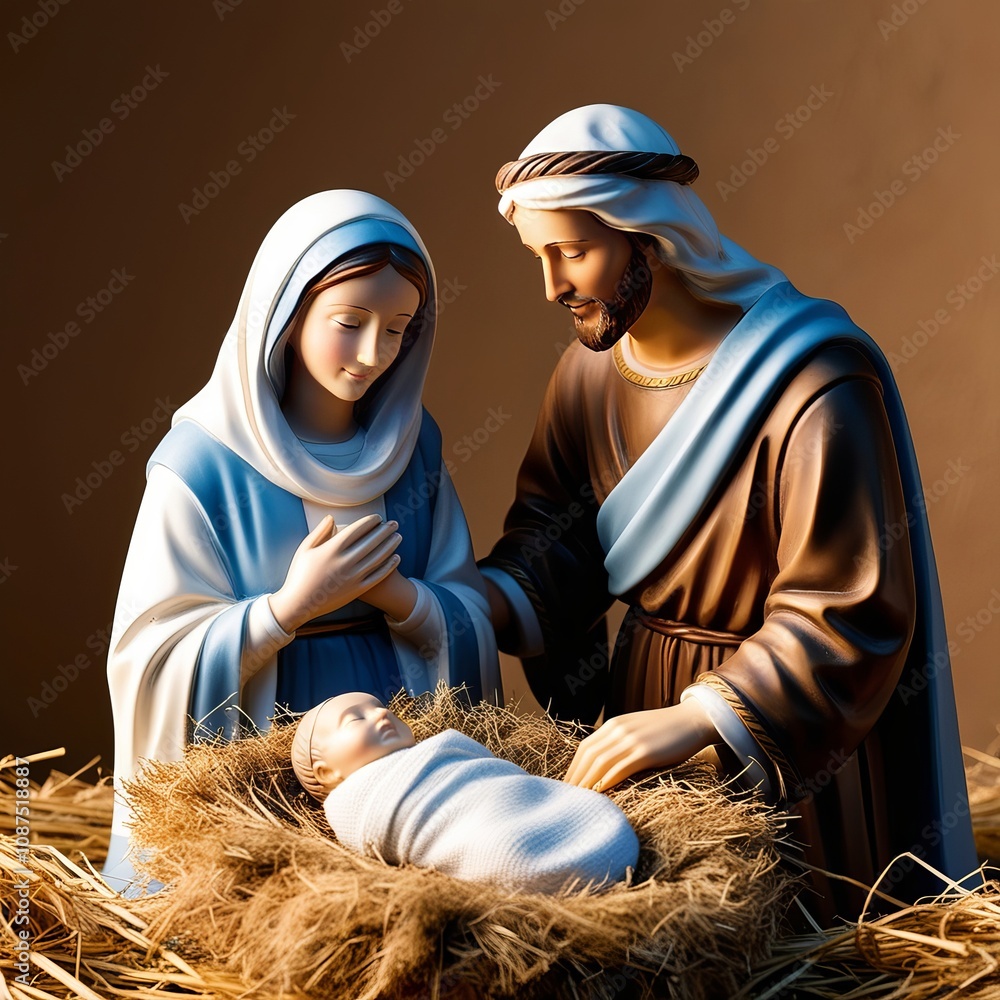 Sacred Scene of Holy Family and Baby Jesus in a Manger and Nativity ...