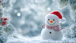 © Erika - un fondo navideño para tarjeta de navidad con espacio de copia de un muñeco de nieve con ramas de pino nevado alrededor y destellos de luz