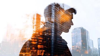Aufkleber - Young man silhouette with a cityscape overlay, representing urban lifestyle, dreams, aspirations, and the connection between individuals and modern architecture.