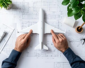 Poster - Engineers testing a modular aircraft wing concept, surrounded by blueprints and 3D renders