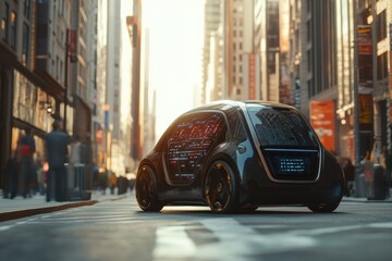 Leinwandbilder - A self-driving car moves through busy city streets, showcasing onboard AI systems managing urban travel in real-time. Generative AI
