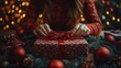 © RaptorWoman - Festive scene of woman wrapping a Christmas present with red ribbon, surrounded by ornaments, creating a warm holiday atmosphere.