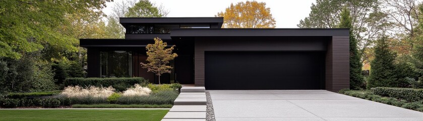 Wall Mural - A modern, sleek house with a black exterior, surrounded by greenery and featuring a spacious driveway.