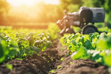 Aufkleber - Robotic machines are actively planting crops in rows on a farm, utilizing advanced technology under the bright sun. Generative AI