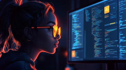 A female coder focuses intently on her work at a dimly lit desk with dual computer screens