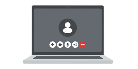 Laptop screen showing a video call interface with participant icon and action buttons.