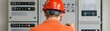 © ParinApril - An electrical technician wearing an orange uniform and hard hat operates control panels in a professional setting, focused on safety and precision.