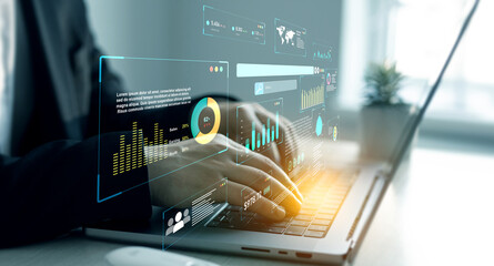 Leinwandbilder - Businessman using KPI dashboard.Financial business KPI System data analytics graph dashboard.Data System KPI and metrics connected in database for follow earnings,operations and sales data.	

