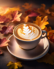 Wall Mural - Steaming cup of coffee with beautiful latte art, surrounded by autumn leaves