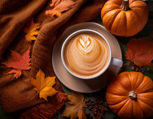 Wall Mural - A steaming mug of pumpkin spice latte topped with whipped cream and cinnamon, next to a small pumpkin on a cozy blanket with autumn leaves