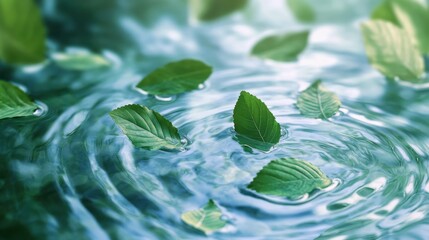 Wall Mural - Green leaves floating on water artistic background with ripple effect for product presentation